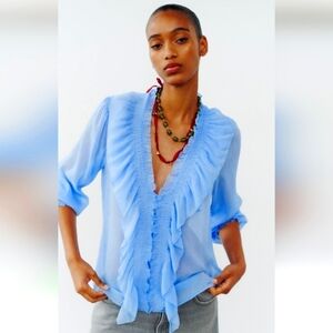 Ruffled Blouse Size M light blue by Zara Light Blue Perfect for Summer